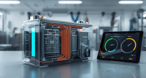 Minh họa SoC và SoH cho pin ô tô điện, gauge SoC và vòng SoH trên phần cắt lớp pin